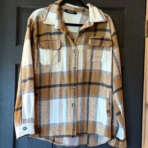 Plaid Button-Up Shacket in Brown and Cream